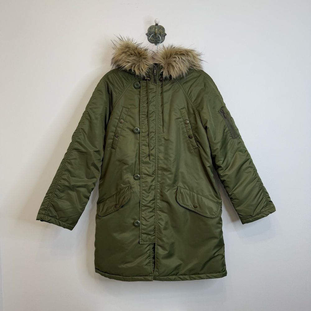 American Eagle Satin Military Parka Jacket Coat Faux Fur Women’s Size Medium